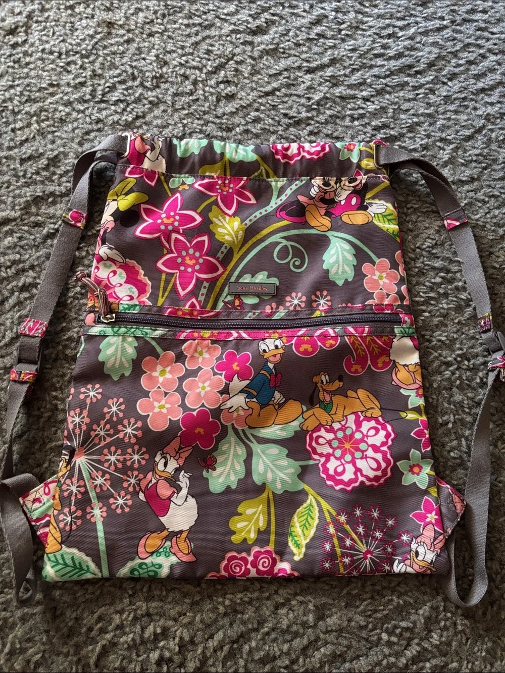 Retired Vera Bradley Mickey & Friends Floral Gray Drawstring Backpack